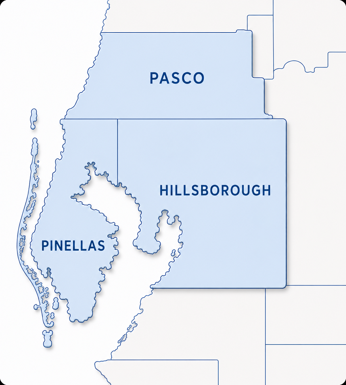 Map of west-central Florida highlighting GulfGuard service in Pinellas, Hillsborough, and Pasco counties